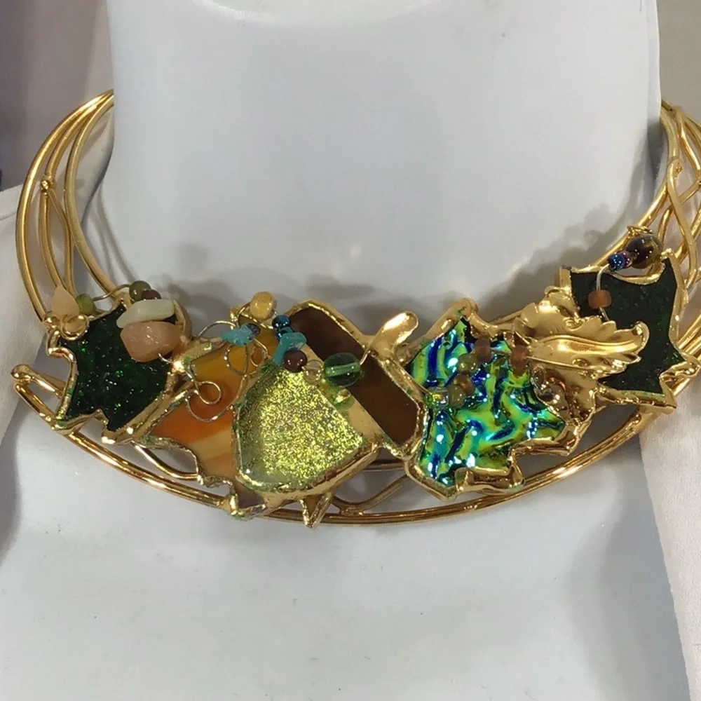 Vintage gold choker bib iridescent necklace